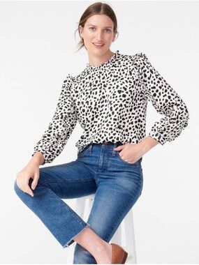 J. Crew White Blouse with Black Spotted Print and Ruffle Neck